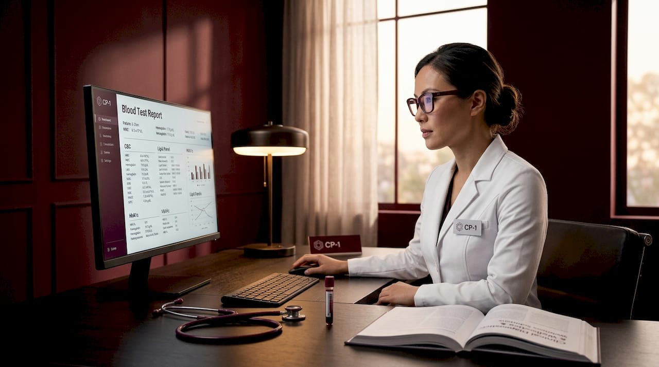 Healthcare professional reviewing blood test results