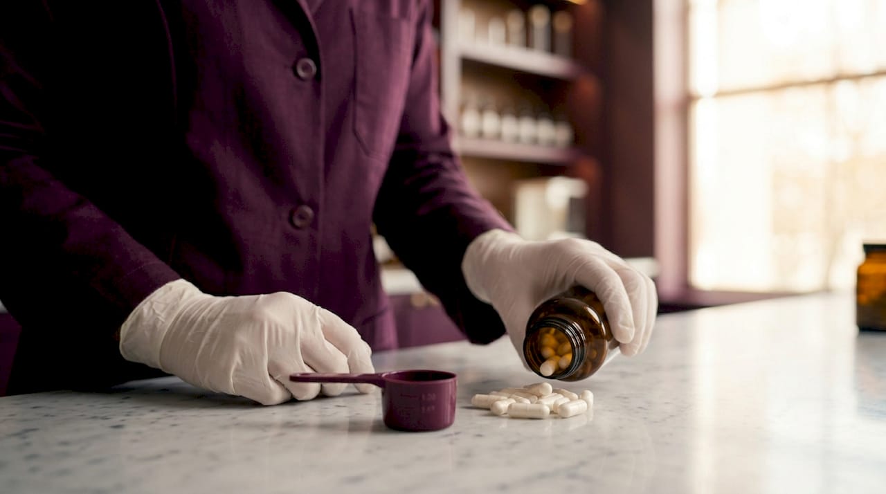 Gloved hands holding supplement capsules for ingredient testing