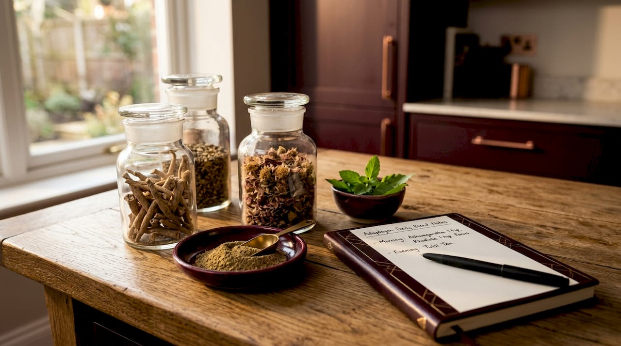 Adaptogenic herbs and preparation setup on kitchen counter