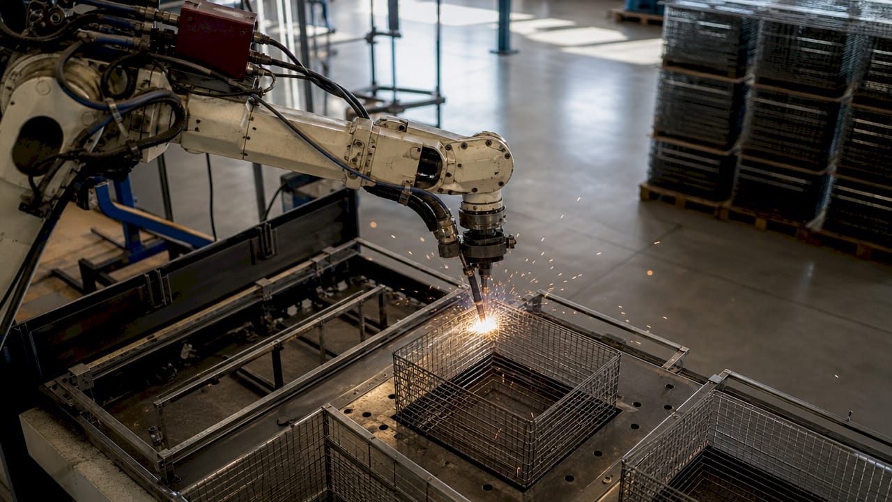 Robotic arm welding steel basket components