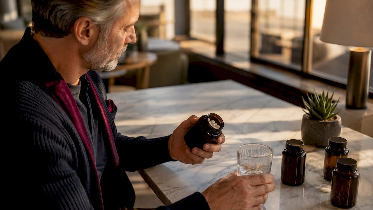 Older man about to take NMN supplement with water