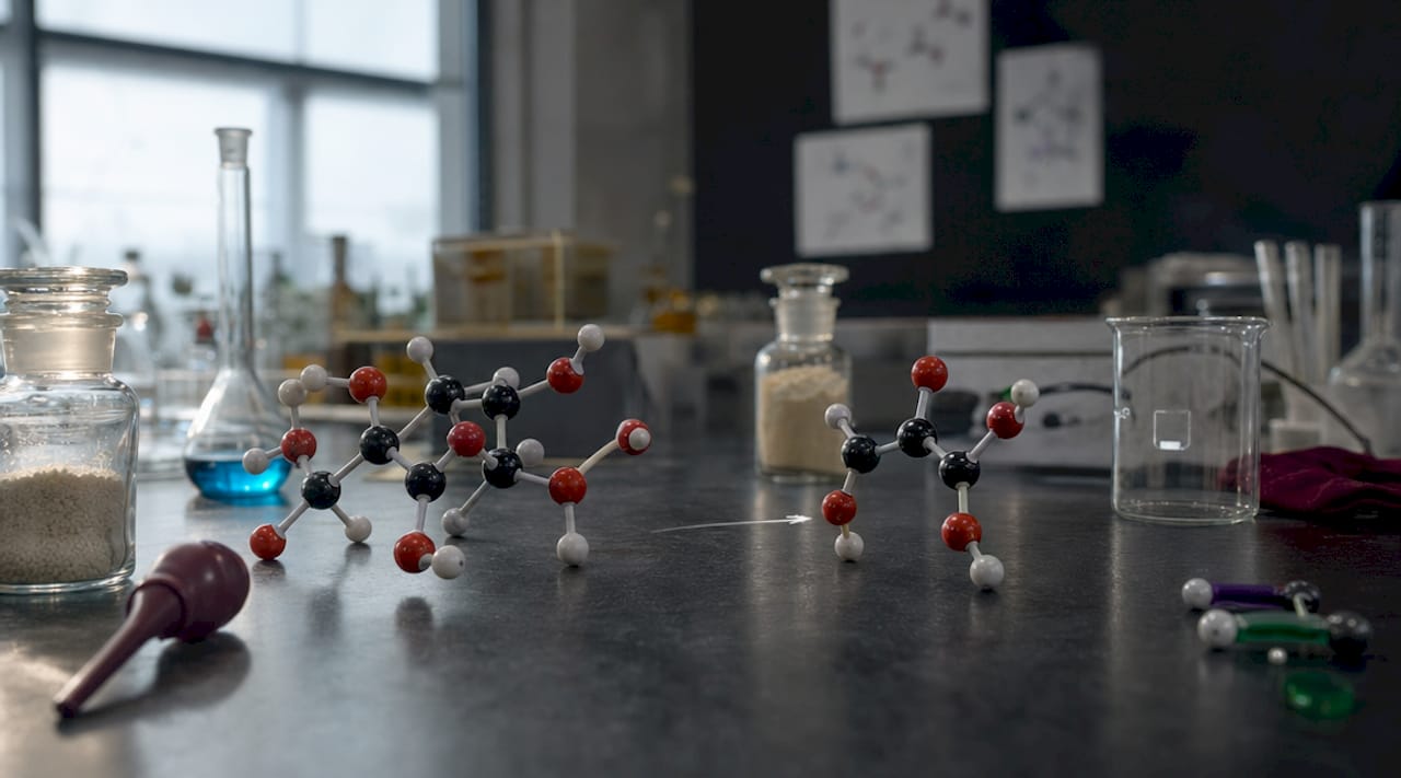 Close-up of glucose molecular model in lab