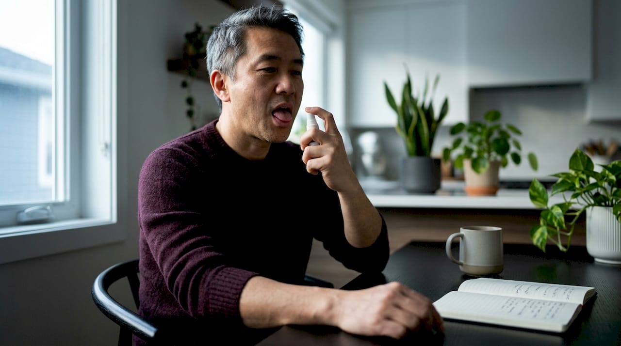 Hands using sublingual vitamin B12 spray near mouth
