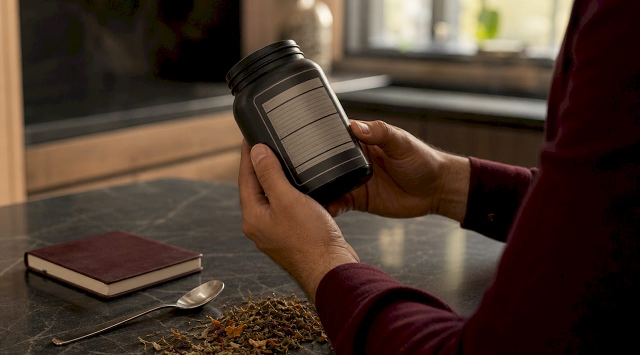 Close-up of supplement label and hands inspecting