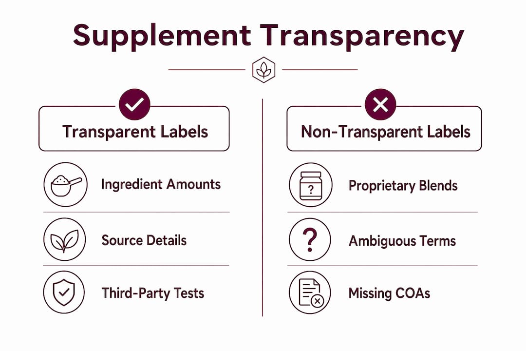 Infographic comparing transparent and non-transparent supplement labels