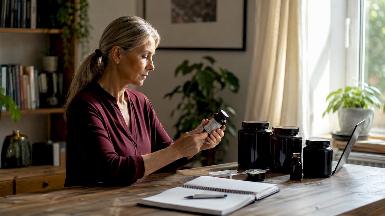 Nutritionist inspecting collagen peptide supplements