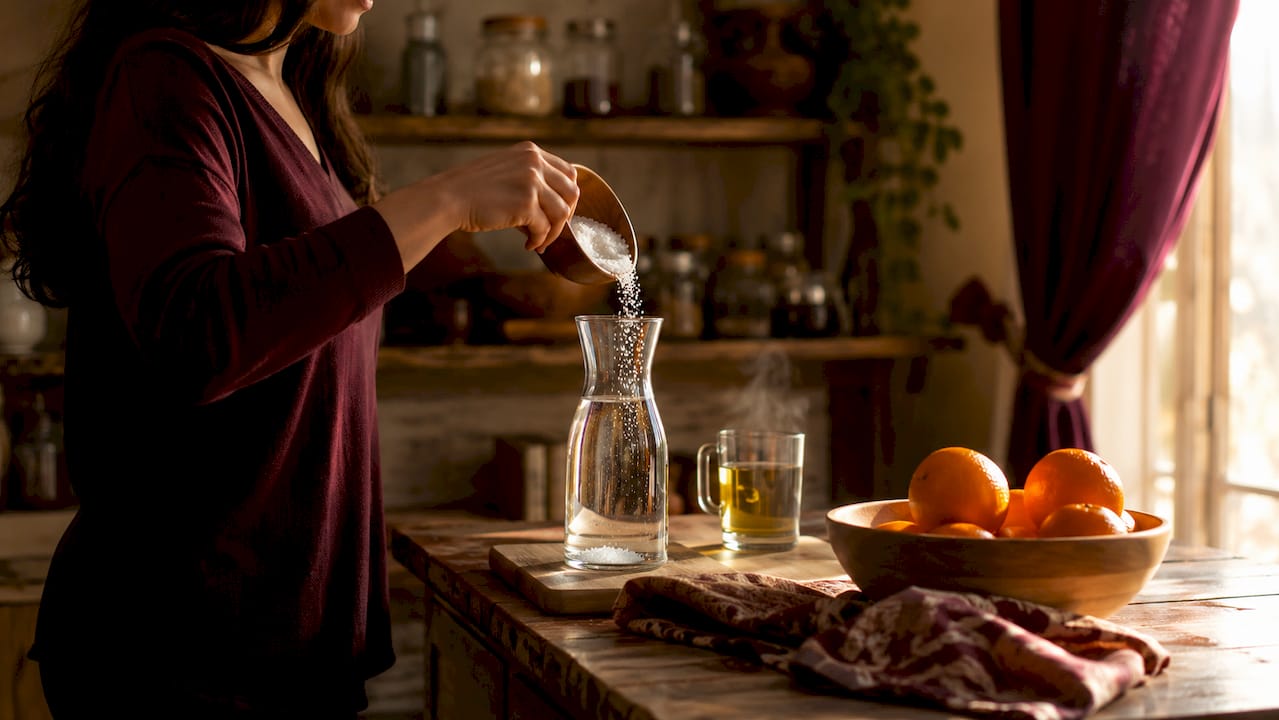 Hands preparing salted water for fasting hydration