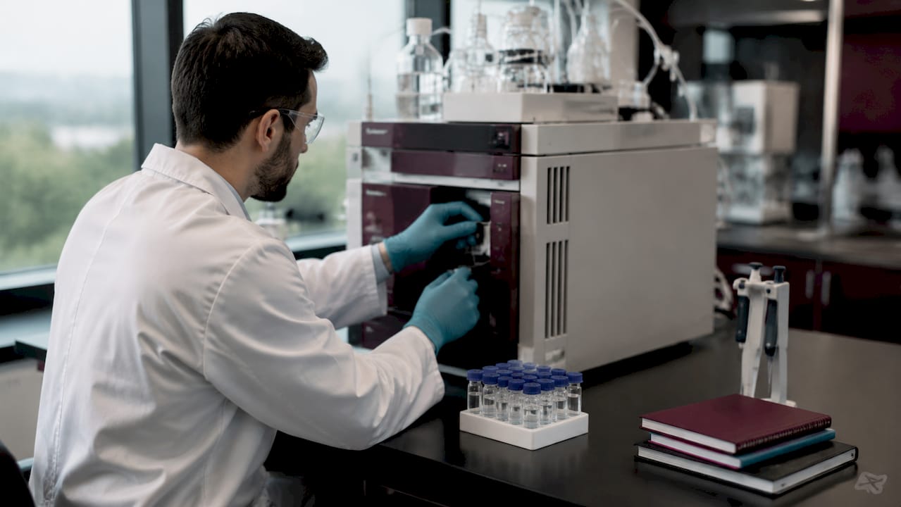 Close-up of scientist operating chromatography equipment