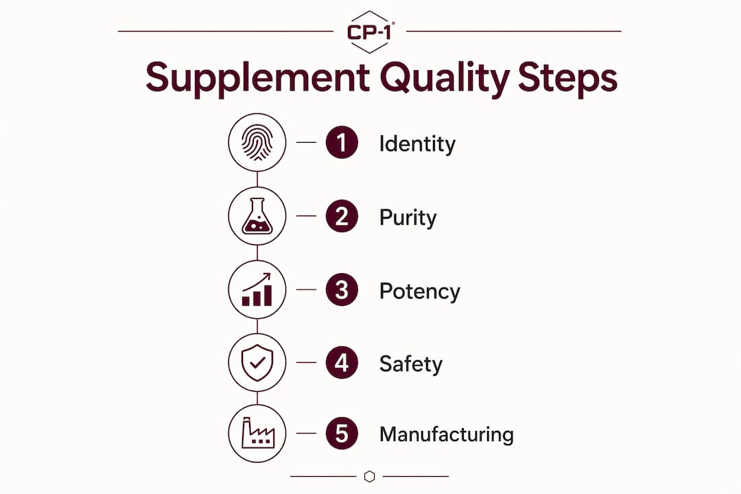 Infographic illustrating five key supplement quality steps