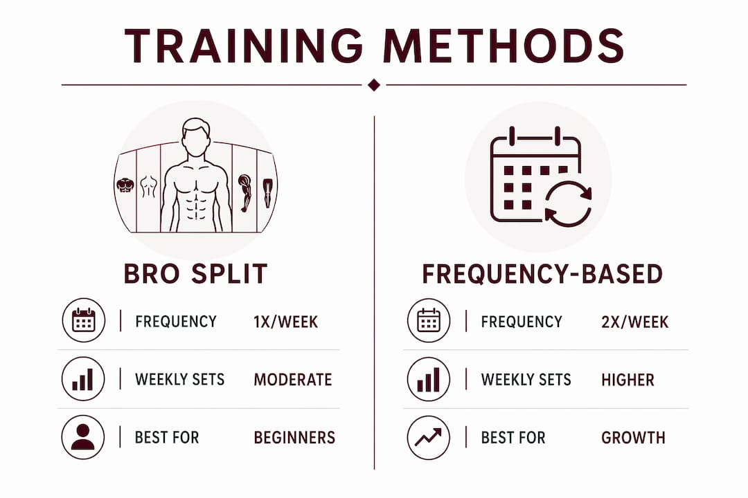 Infographic comparing bro split and frequency training methods
