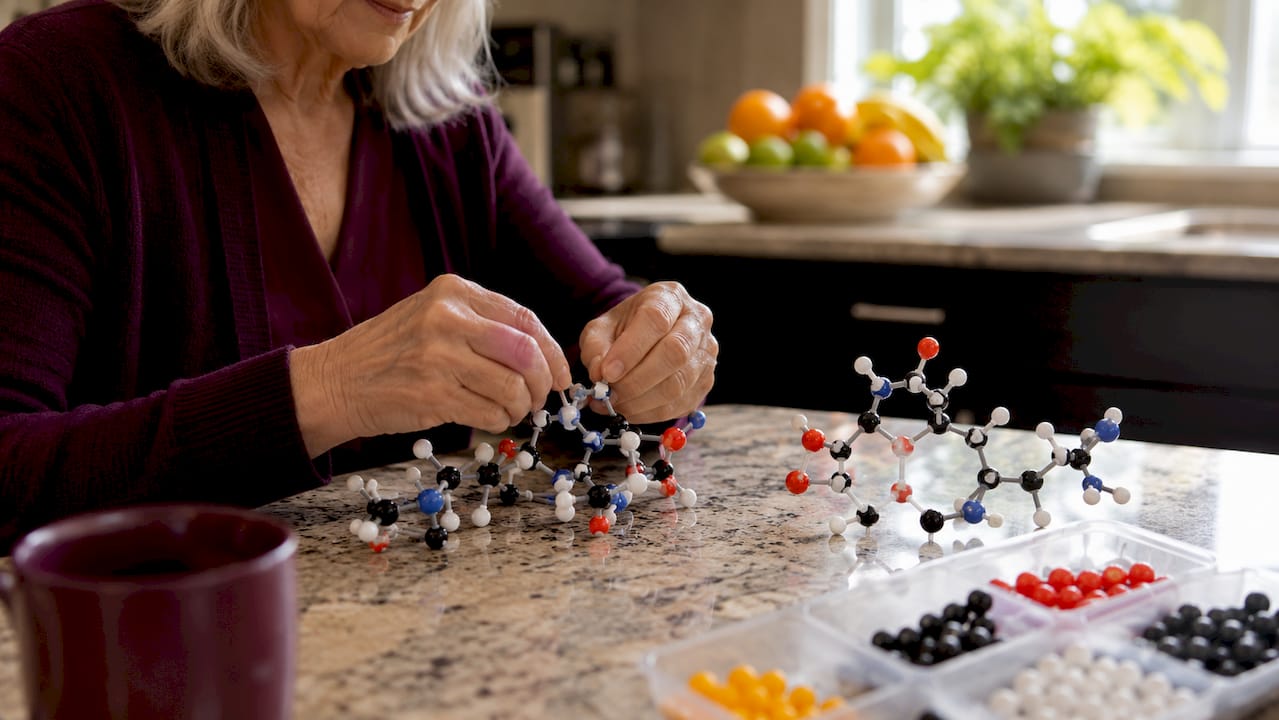 Hands assembling NMN and NAD molecular models