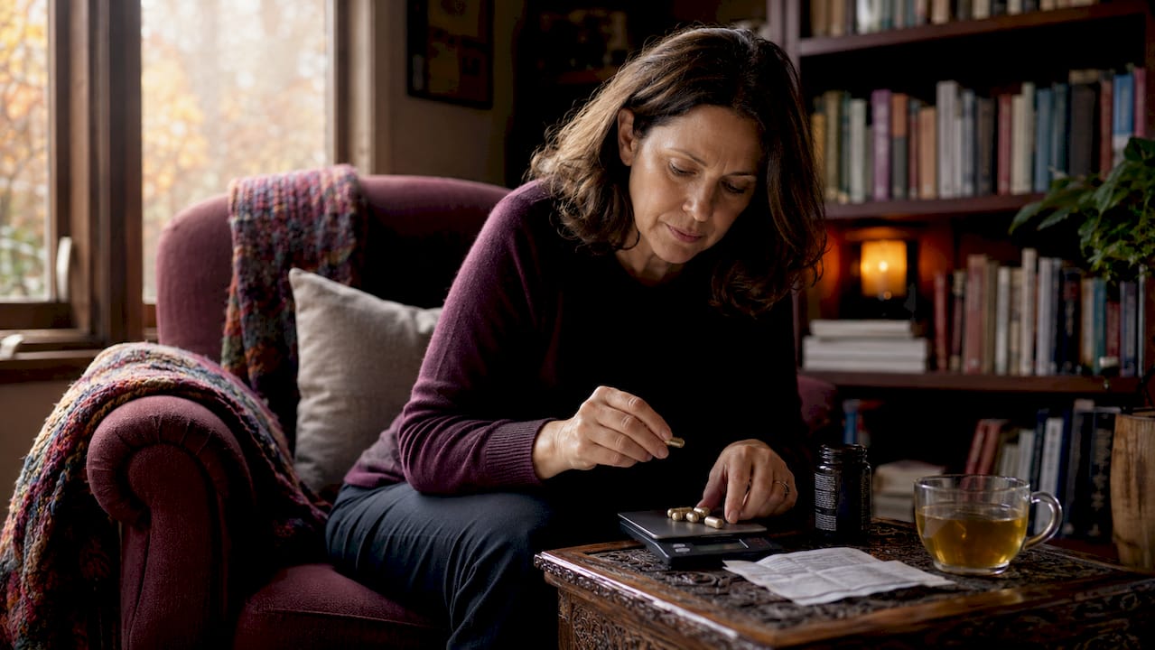 Person measuring immune supplement capsules at home