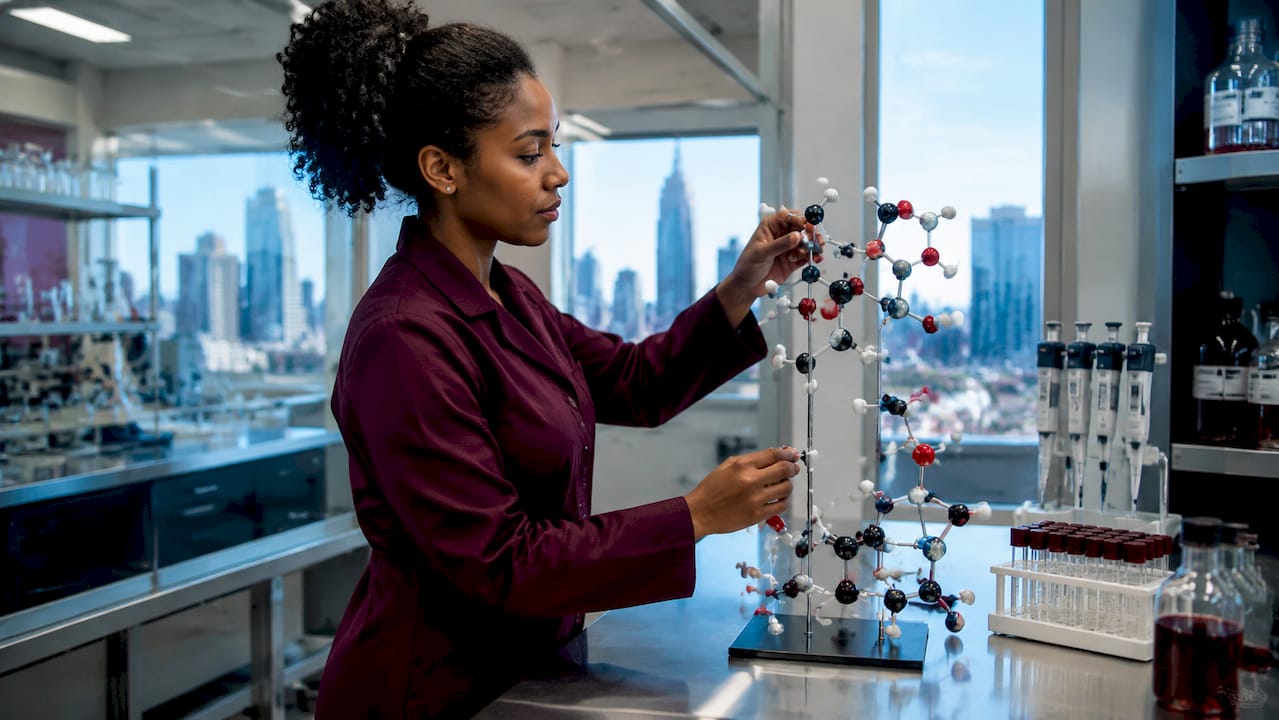 Scientist hands holding L-carnitine molecular model