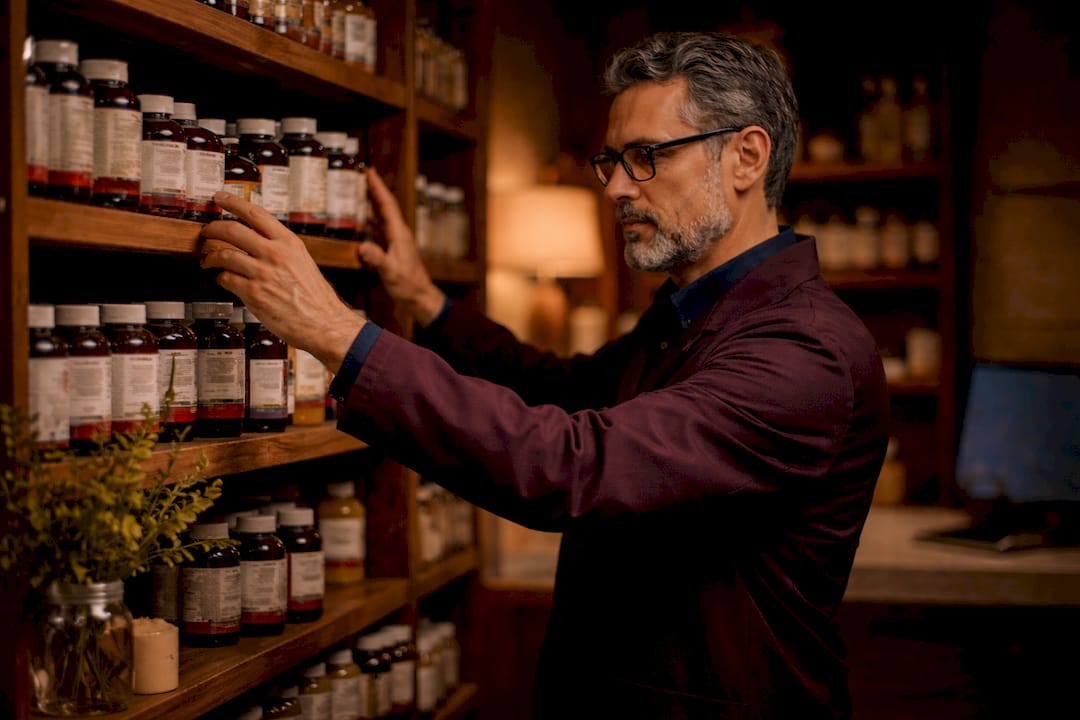 Pharmacist arranging omega-3 vitamin D supplements on shelf