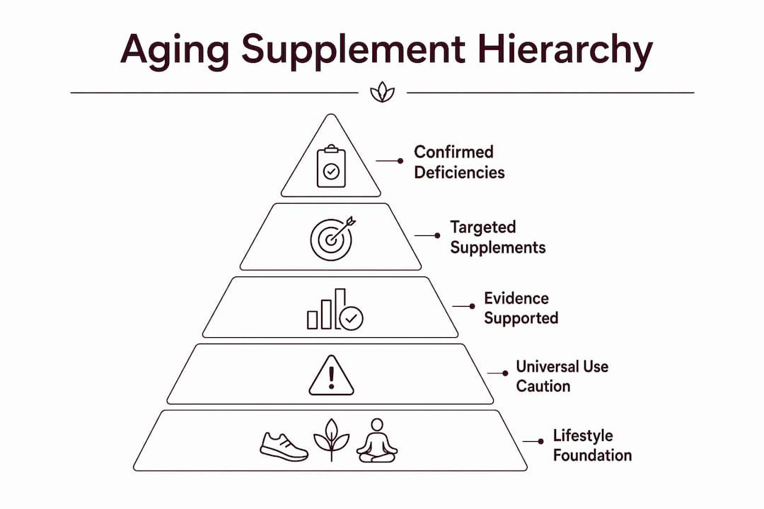 Infographic showing hierarchy of supplement use for aging