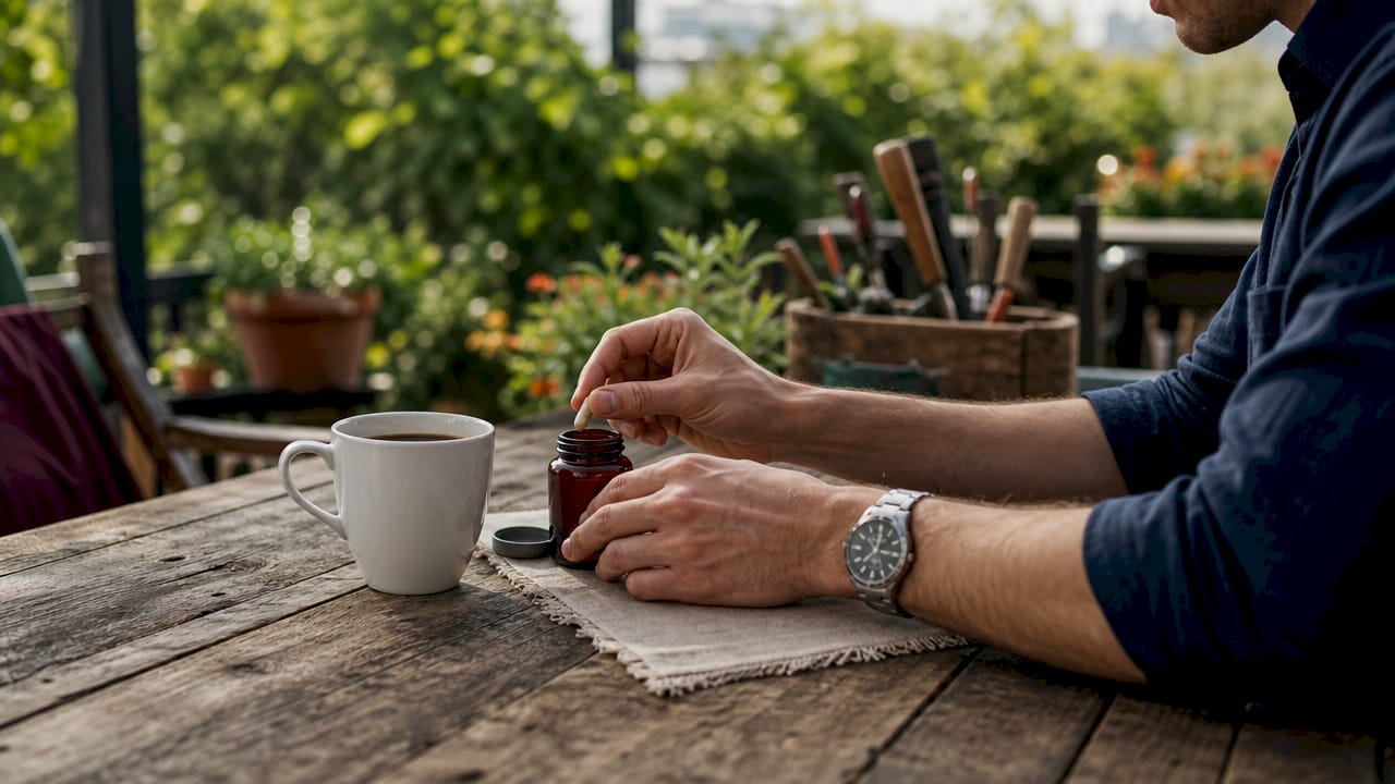 Hands holding L-theanine capsule next to coffee