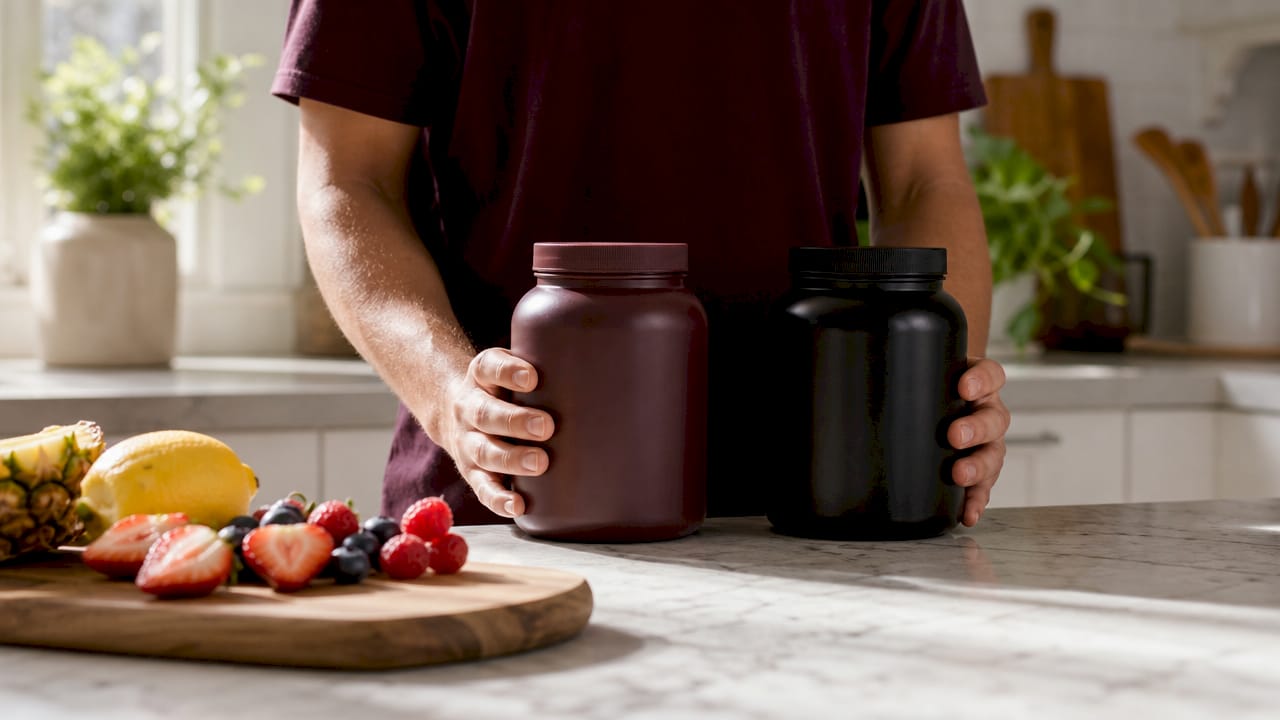 Hands holding BCAA and EAA supplement jars side by side