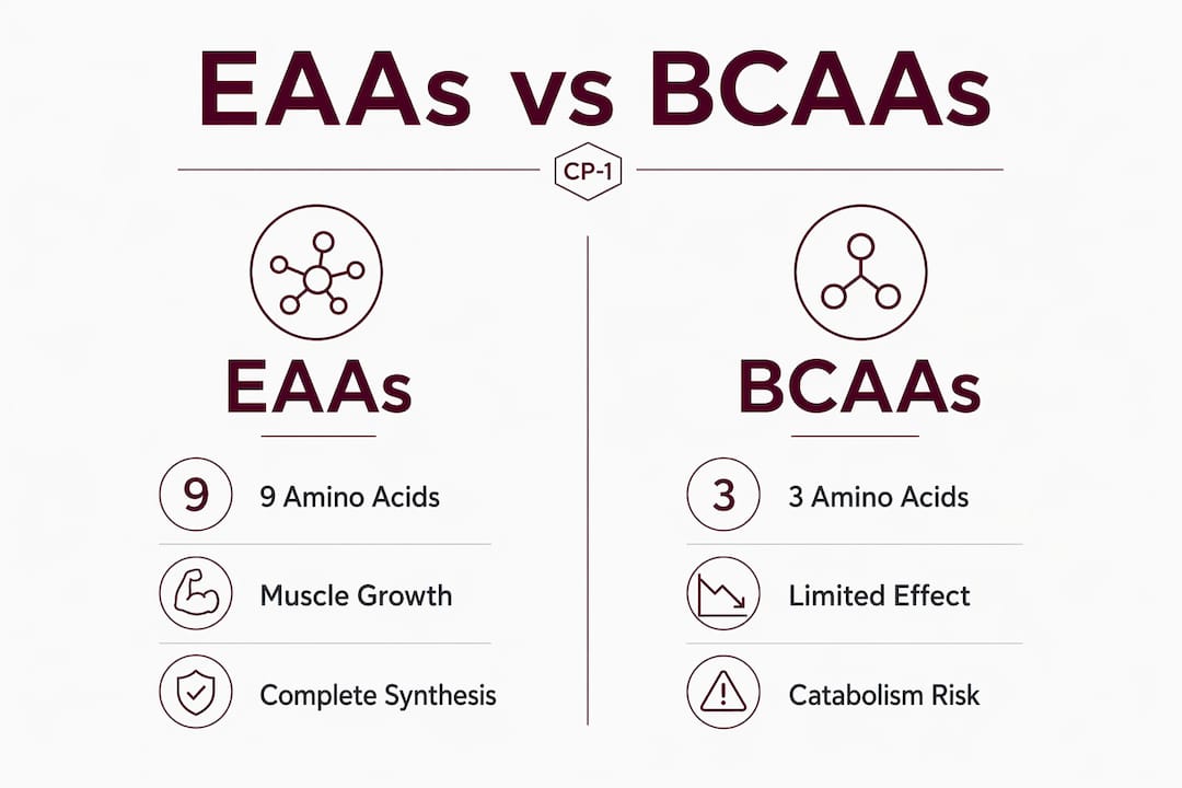Infographic comparing EAAs and BCAAs for muscle growth