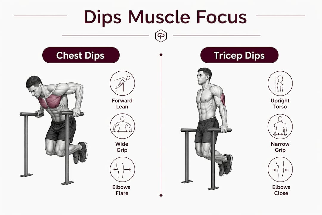 Infographic comparing chest dips vs tricep dips muscle targeting
