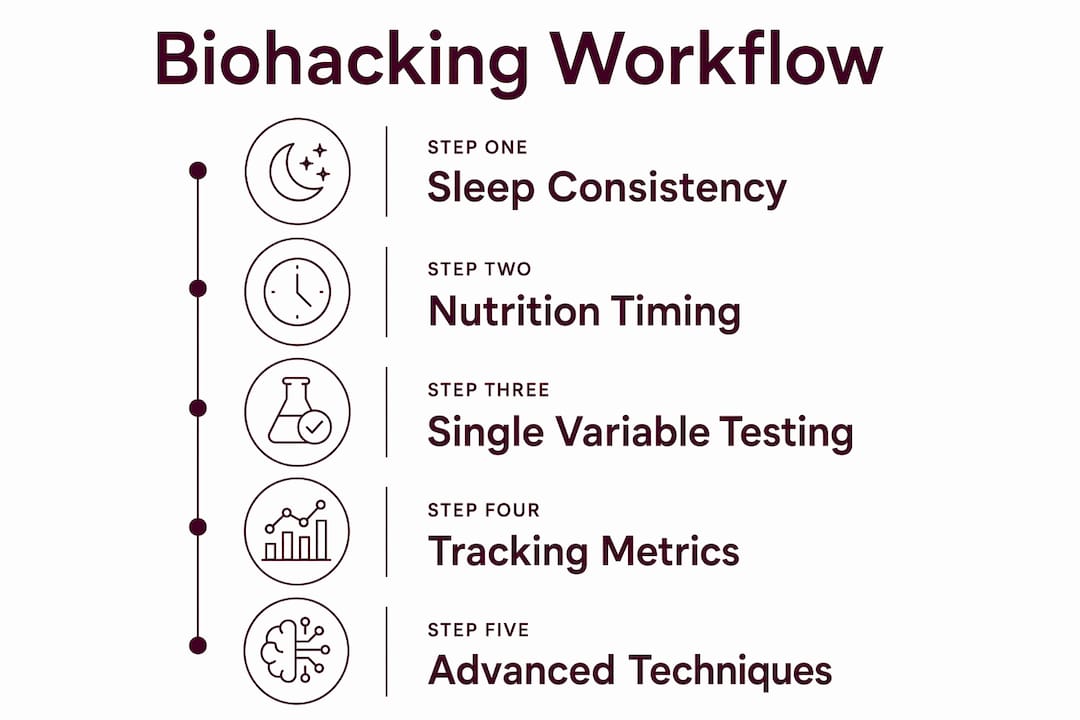 Infographic showing five biohacking workflow steps in vertical flow
