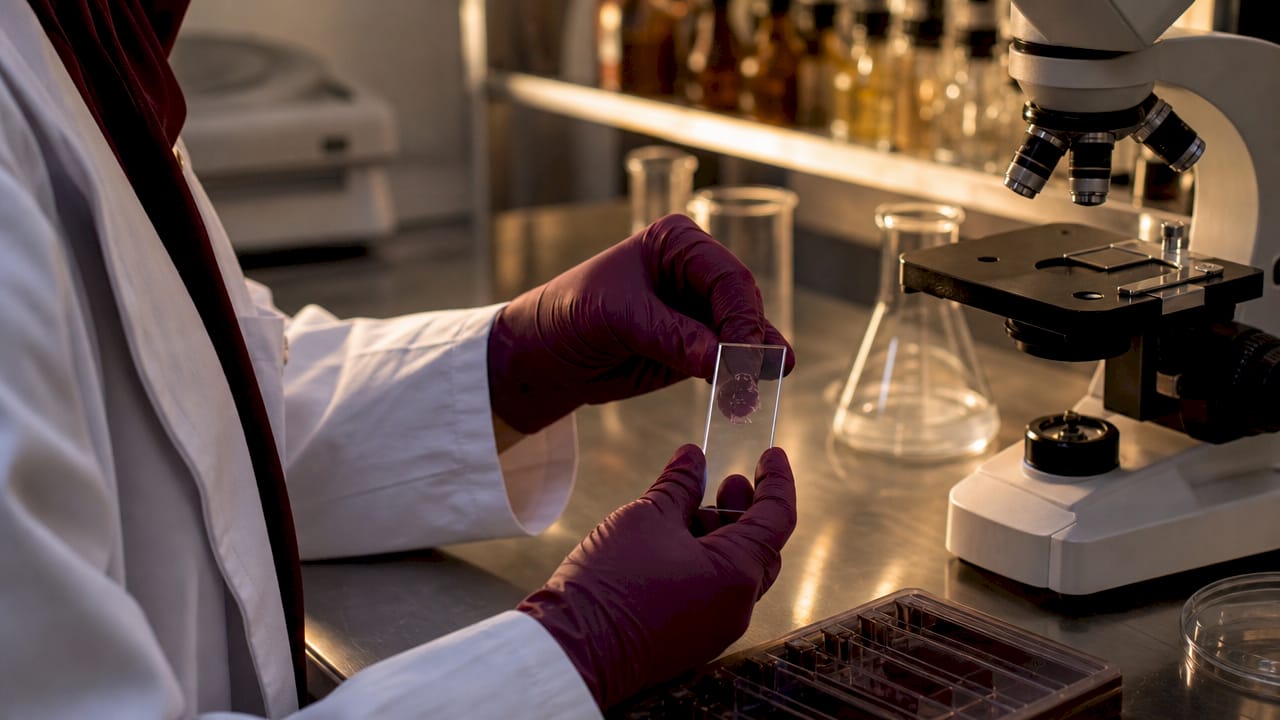 Technician handling microscope slide in lab