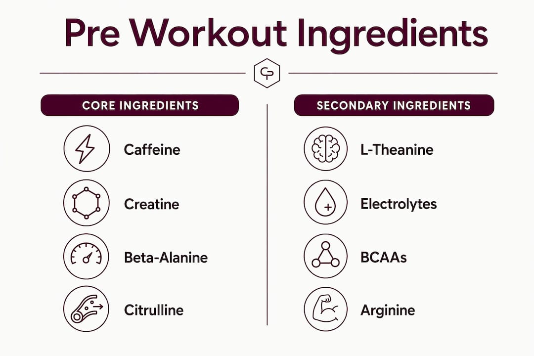 Infographic comparing core and secondary pre workout ingredients