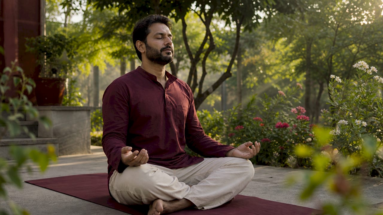 Man meditating peacefully in sunlit living room