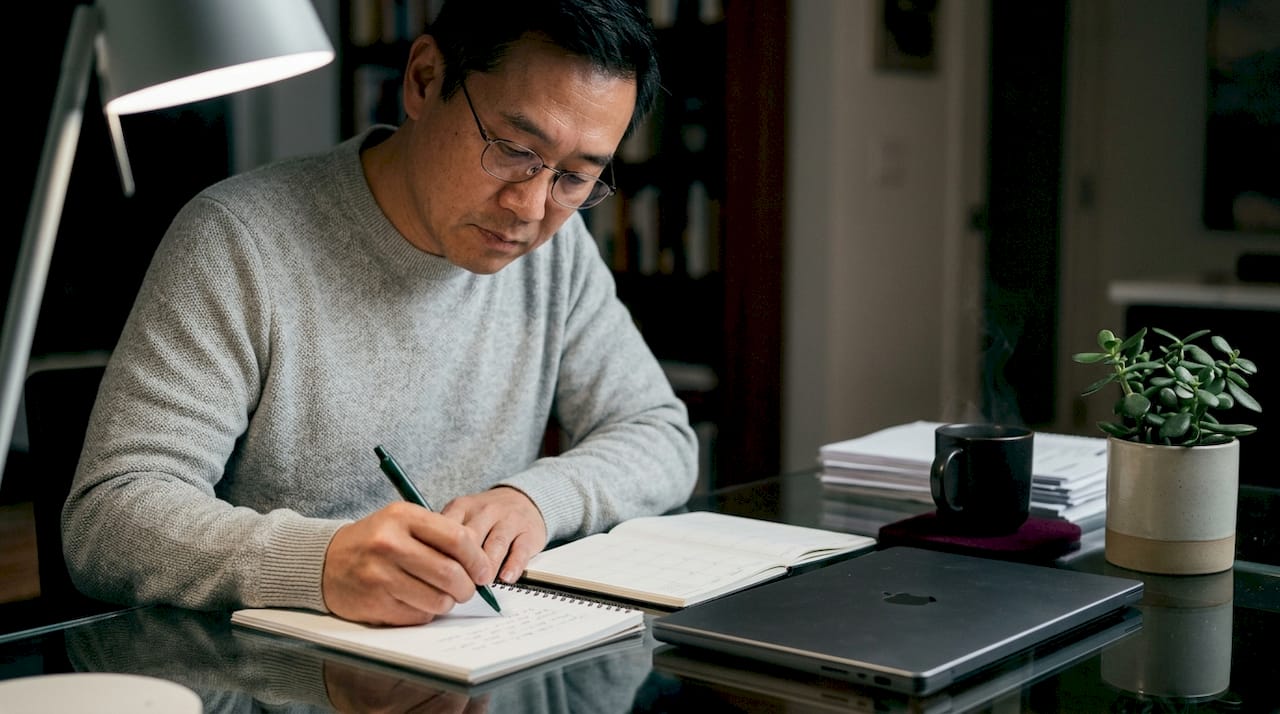 Man writing focus checklist sticky notes overhead