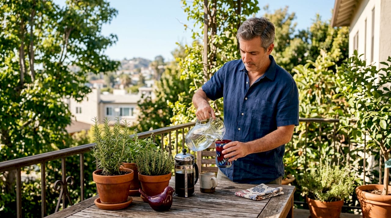 Man pouring water before morning coffee at kitchen counter