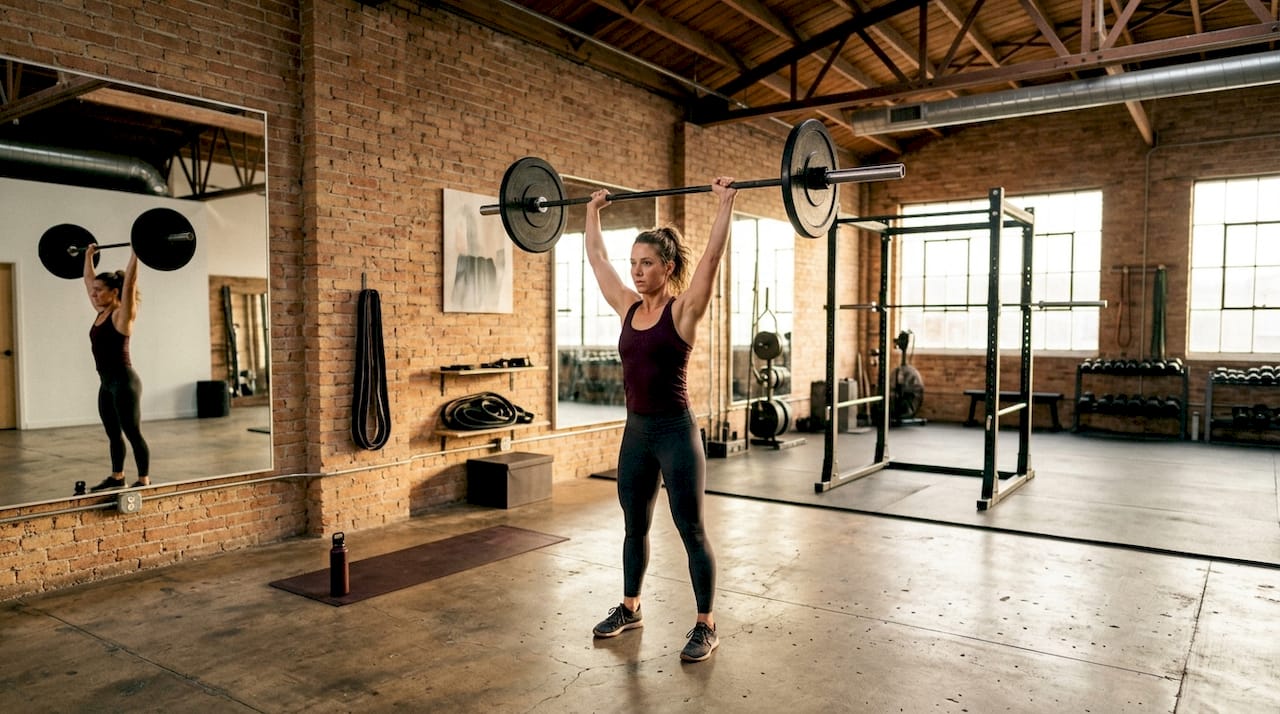 Woman doing barbell overhead press with proper form