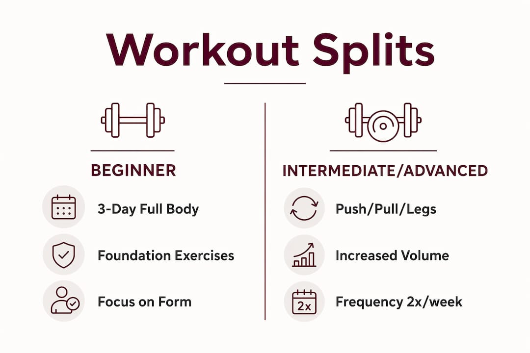 Infographic comparing beginner and intermediate bodybuilding splits