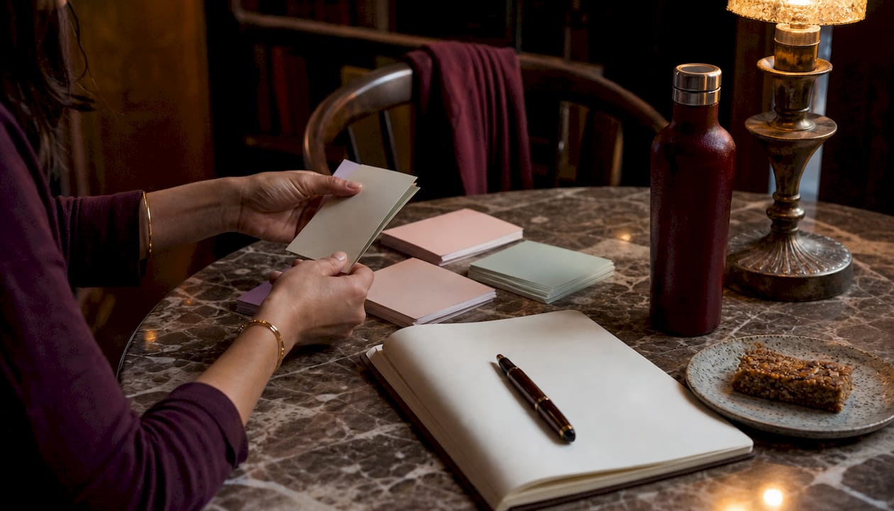 Hands arranging wellness checklist cards on table