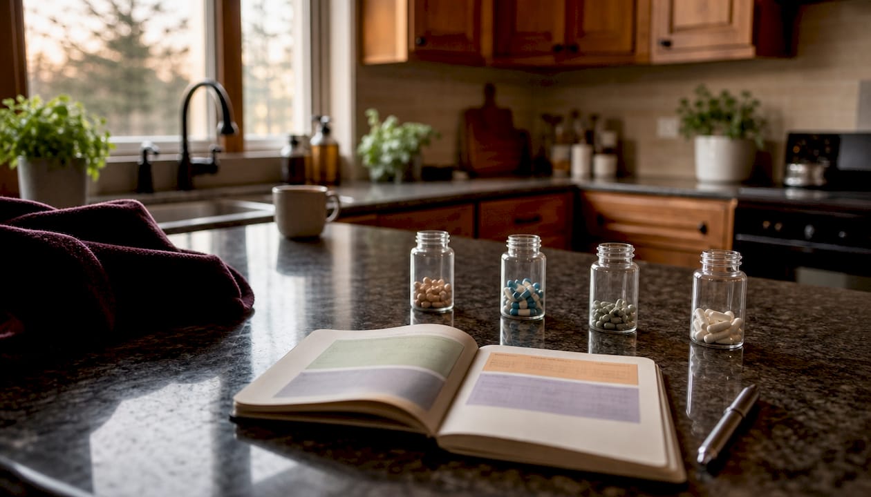 Overhead view of categorized nootropic supplements and notebook