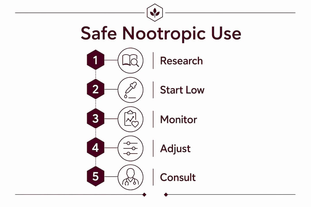 Infographic illustrating steps for safe nootropic dosage