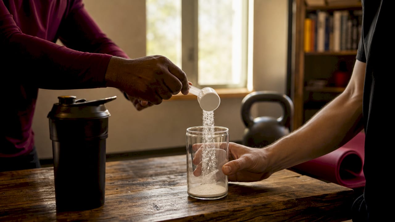Hands holding creatine supplement powder overhead view
