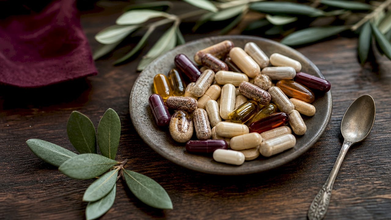 Close-up of diverse supplement capsules in dish