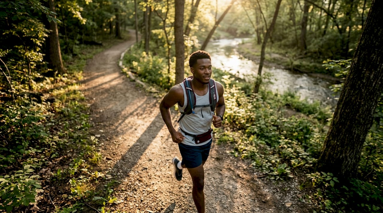 Young man jogging in sunny city park in afternoon