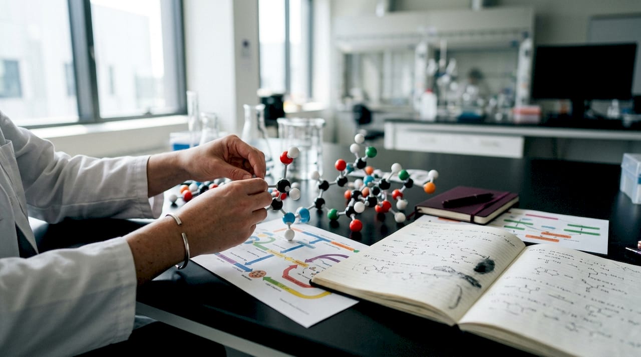 Hands building molecular model of NMN pathway