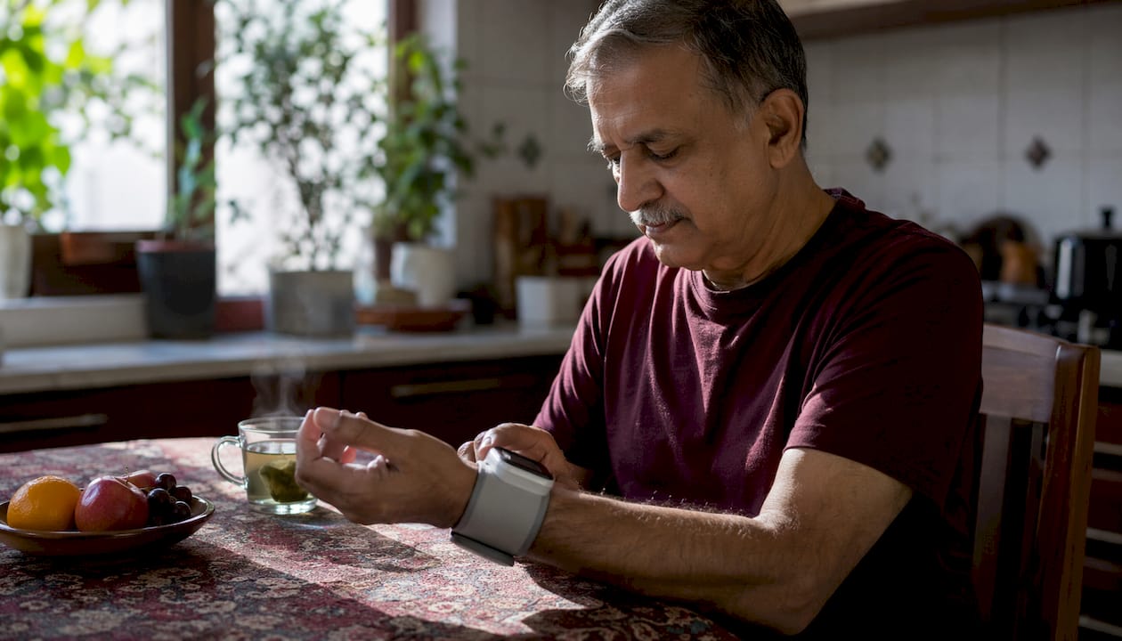 Man measuring blood pressure at home