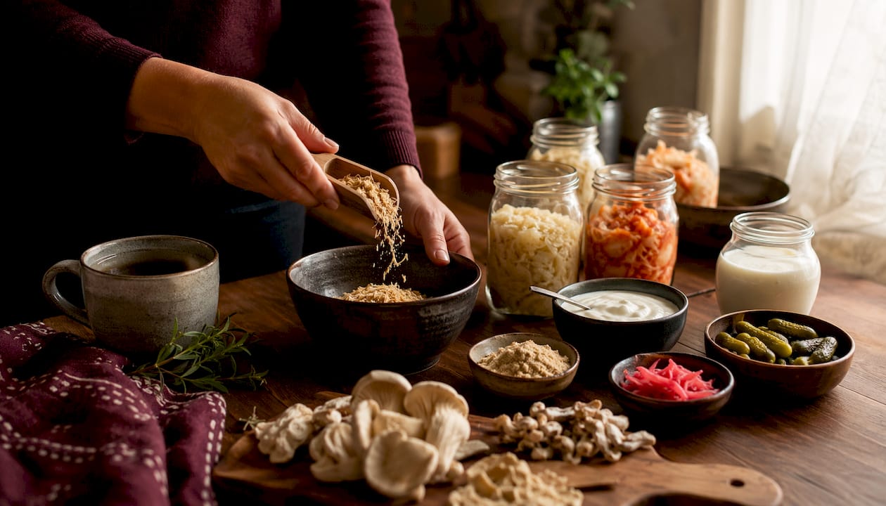 Close-up of mushrooms and prebiotic fibers in bowl