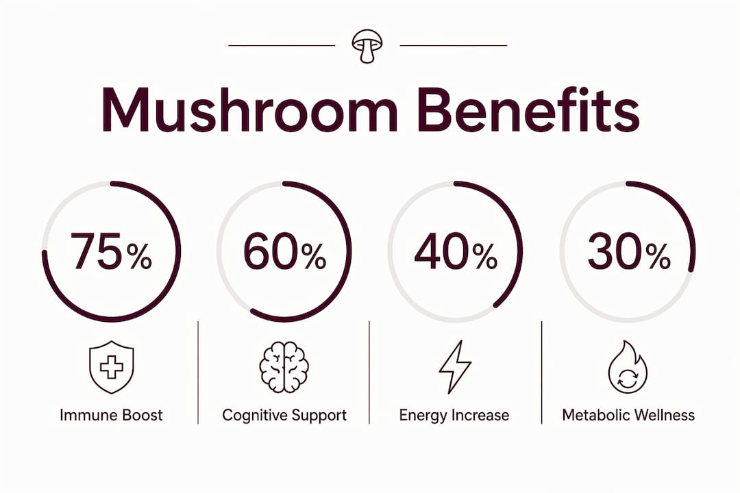 Infographic showing medicinal mushroom wellness benefits with key statistics