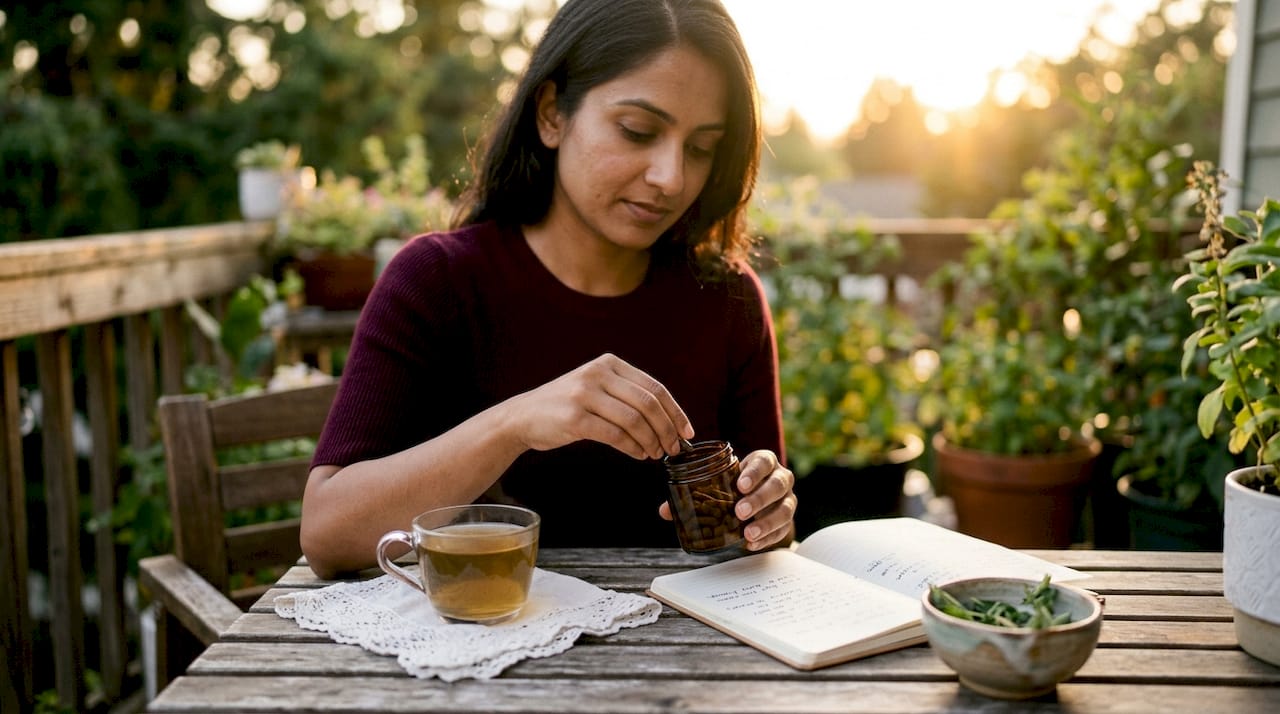 Young woman preparing ashwagandha supplement routine