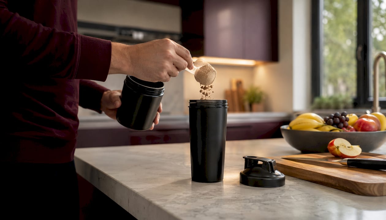 Hand scooping whey protein powder into shaker bottle