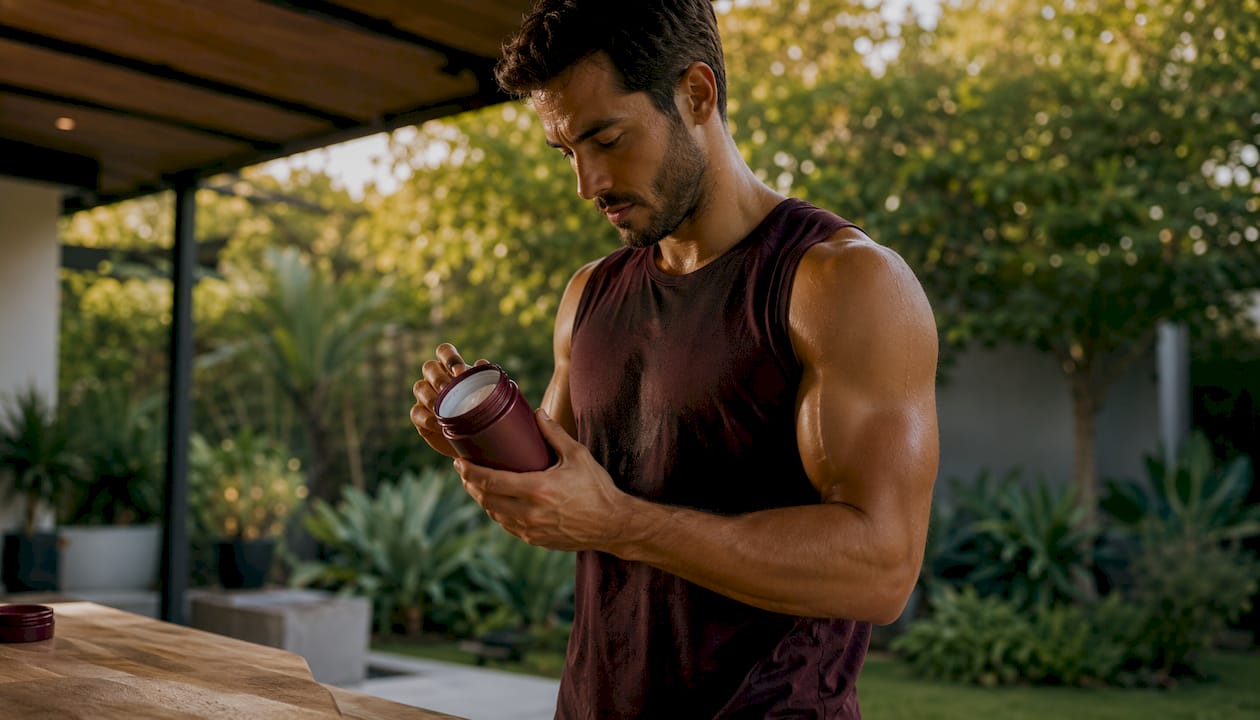 Man holding creatine jar in home gym side profile