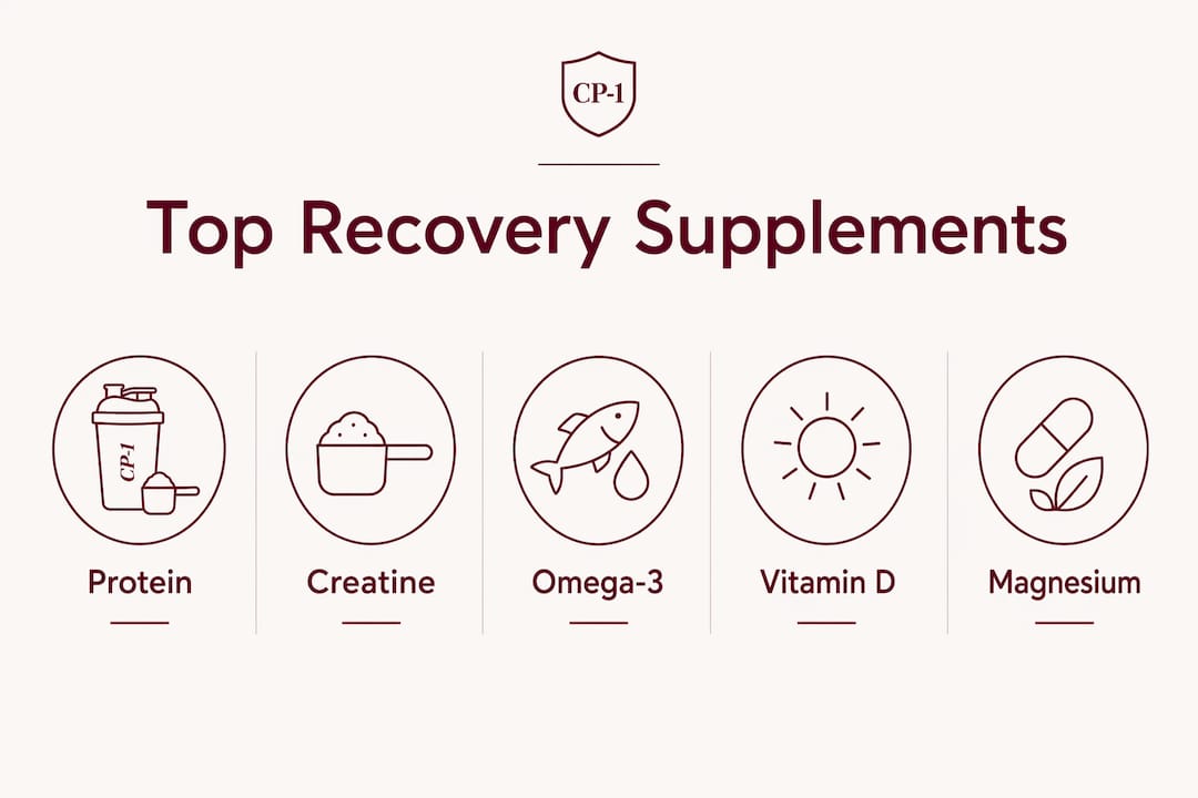 Infographic summarizing key recovery supplements with hierarchy ranking