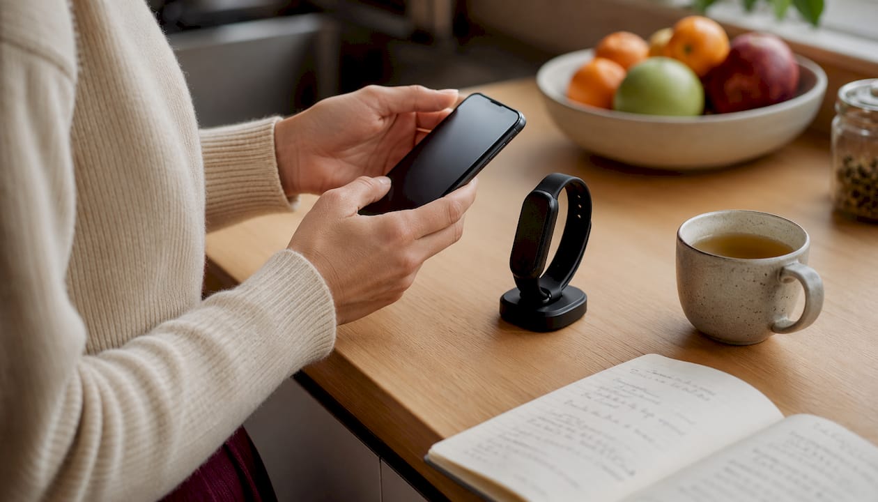 Hands holding smartphone near wearable on charging dock
