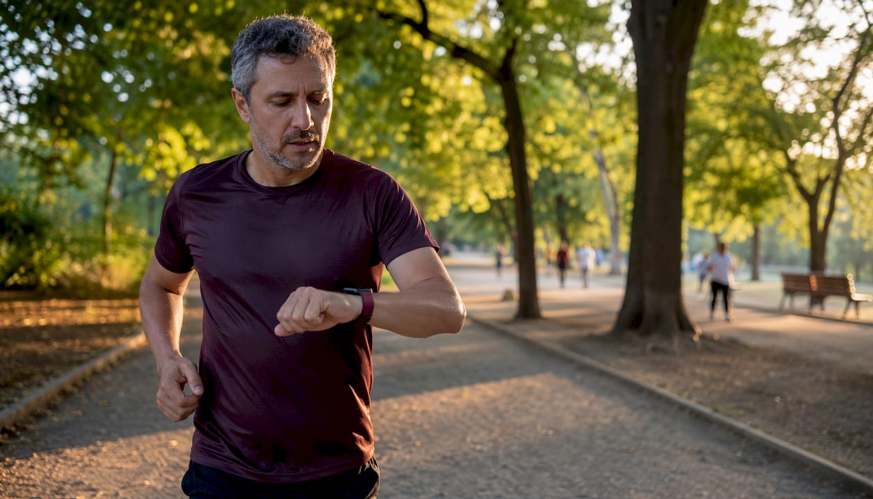 Jogger checking fitness tracker on wrist outdoors