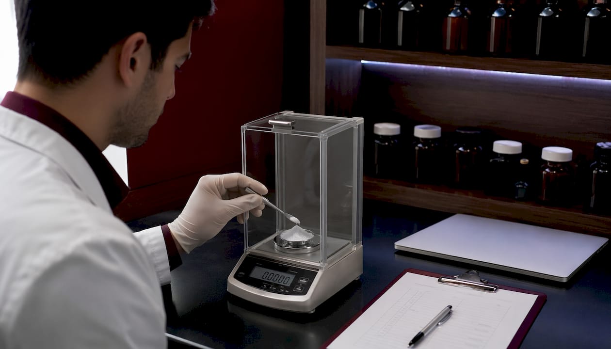 Lab technician handling NMN powder vial in testing lab