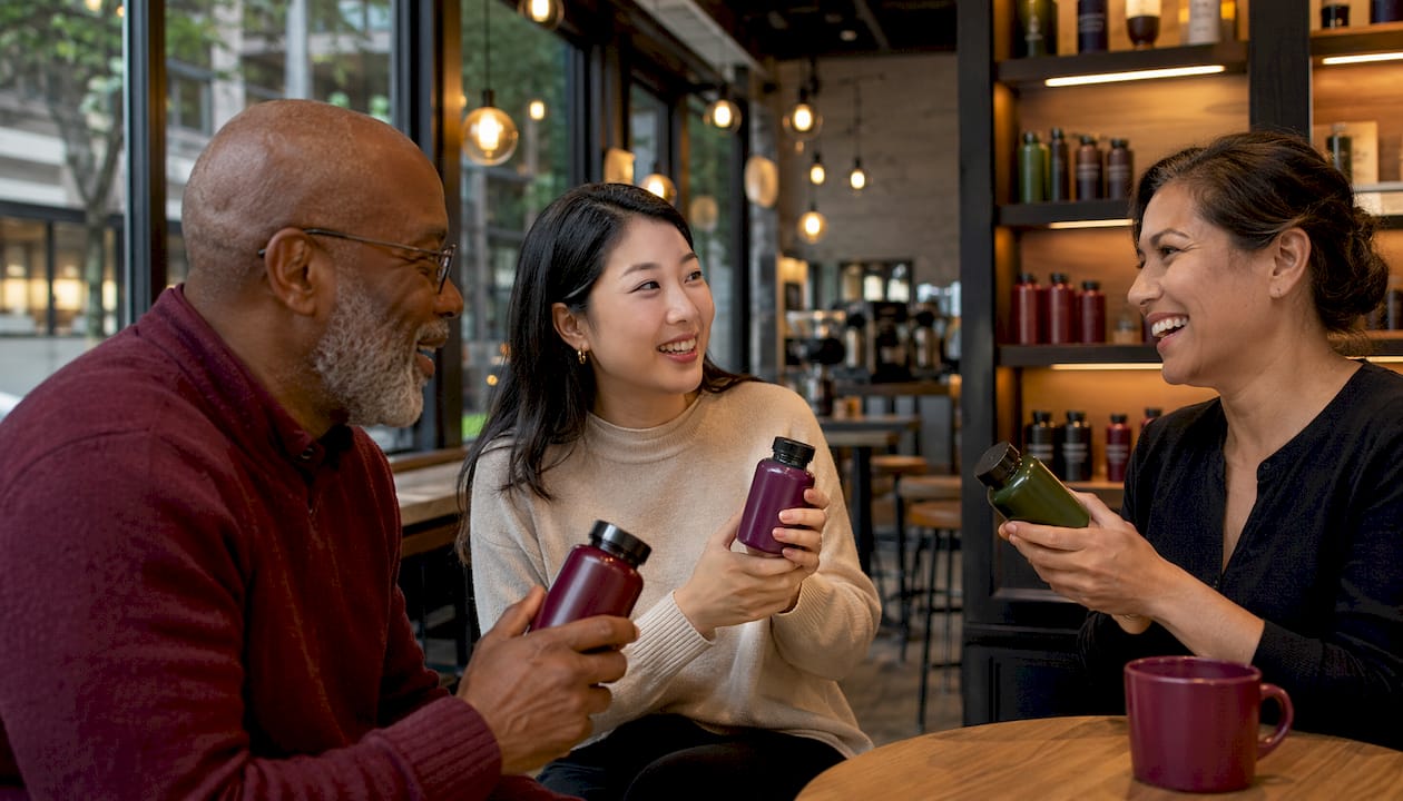 Customers discussing supplement reviews in wellness store