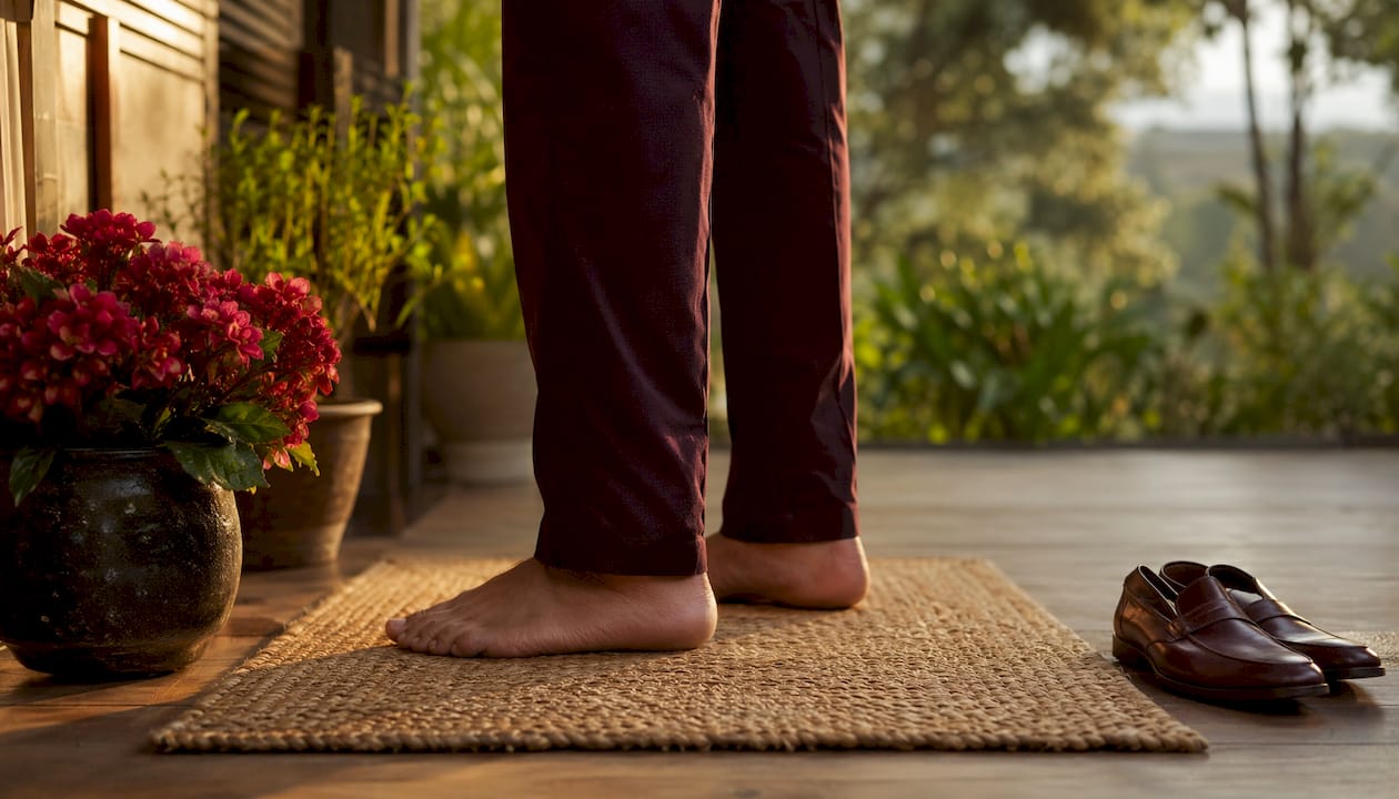 Overhead view of man's feet standing on mat
